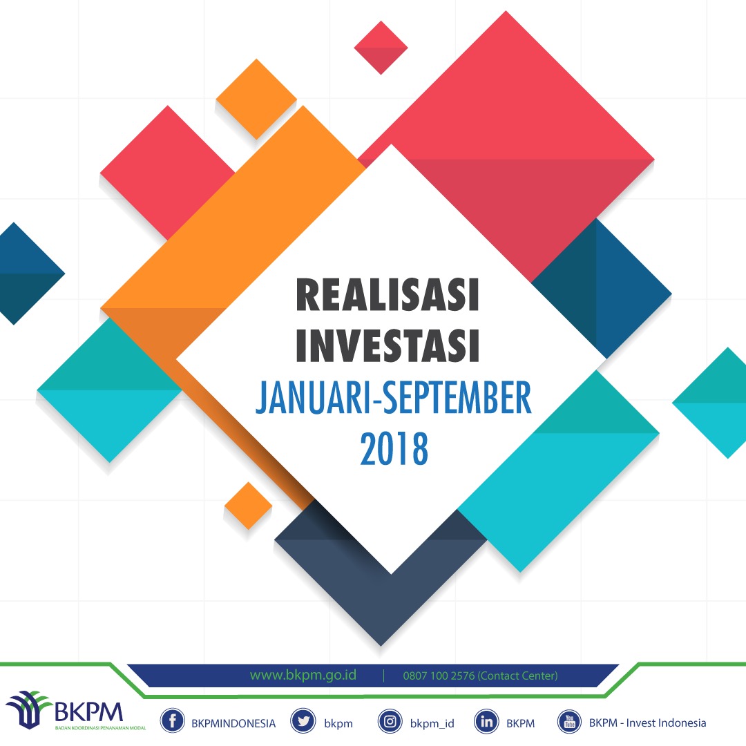 Realisasi investasi PMA dan PMDN Januari – September 2018 naik 4,3%, walaupun periode Triwulan III (Juli – September) 2018 turun 1,6%  dibanding periode yang sama tahun 2017