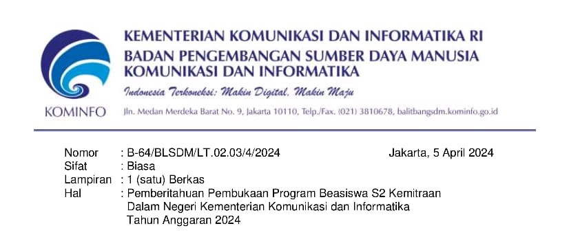 Pembukaan Program Beasiswa S2 KemitraanDalam Negeri Kementerian Komunikasi dan InformatikaTahun Anggaran 2024