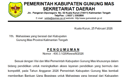 Bantuan Beasiswa Untuk Mahasiswa Asal Kabupaten Gunung Mas Tahun 2026